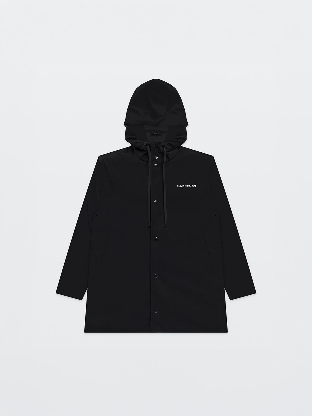 Front of the black 9INE Raincoat with a hood and a small 9INE NATION print on the chest