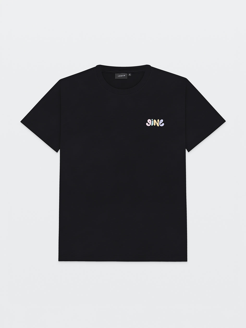 Front of the black 9INE Pastel T-shirt with a small pastel 9ine logo on the chest