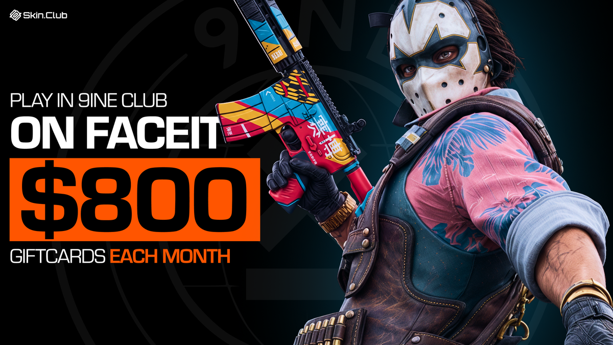 A masked CS2 agent holding a painted rifle next to the text Play in 9INE Club on FACEIT, $800 gift cards each month, and the Skin.Club logo. Skin in the game: Skin.Club is our official community partner.