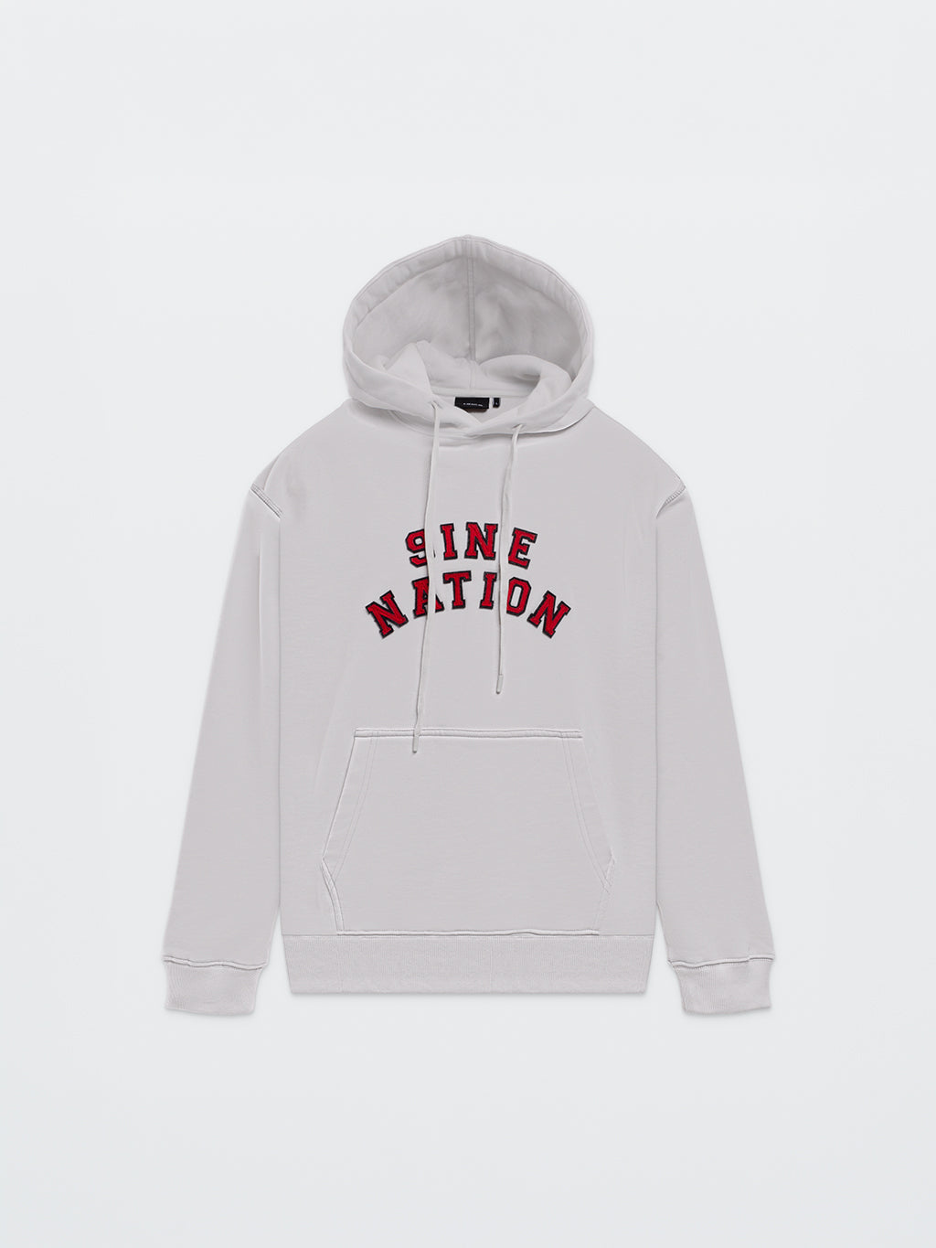 Front of the grey 9INE College Hoodie with red 9INE NATION college lettering