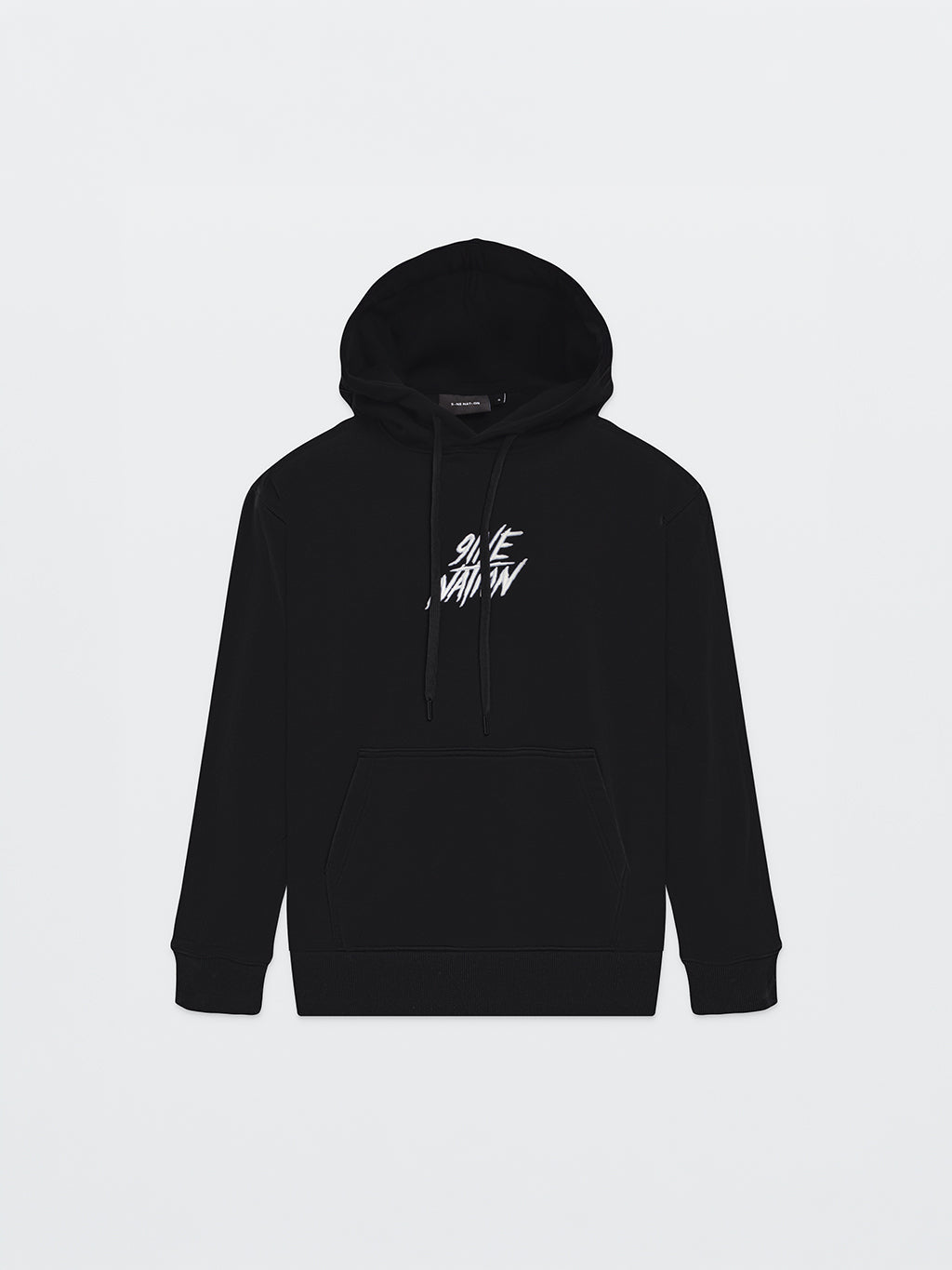 Front of the black 9INE Core Collection Hoodie with white 9INE NATION lettering