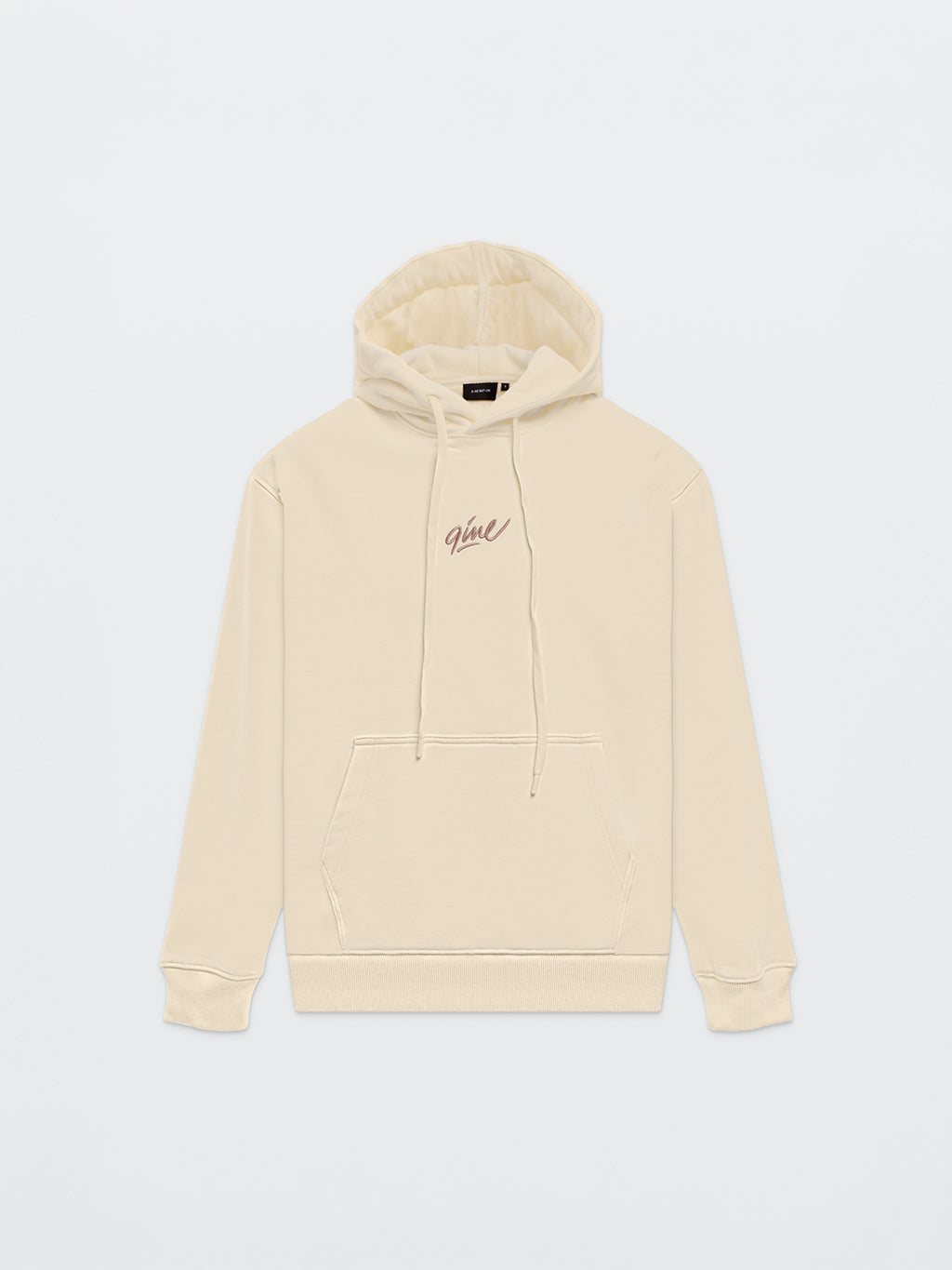 Front of the cream 9INE Signature Hoodie with a small embroidered 9ine signature