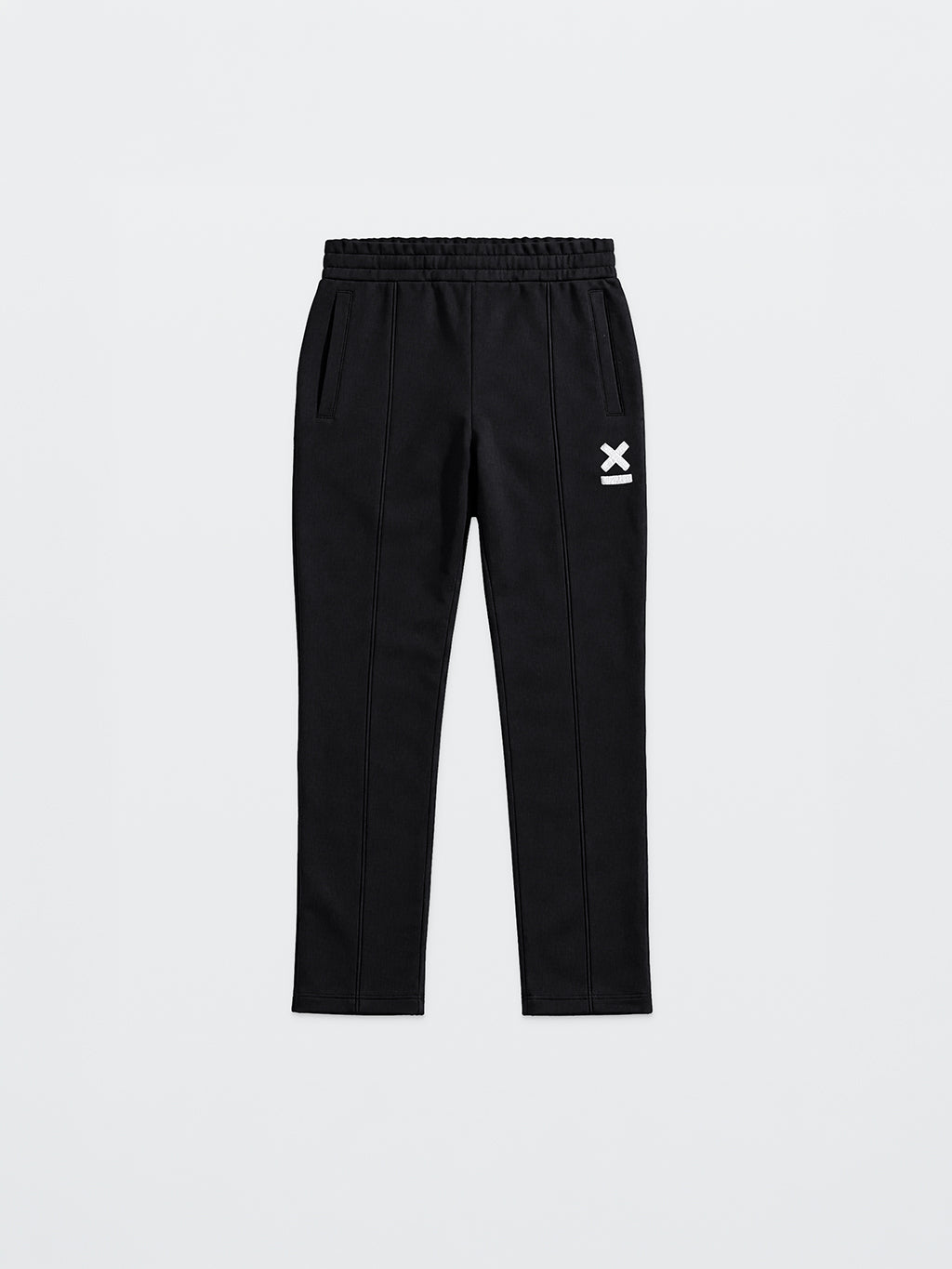 Front of the black 9INE Joggers with a white X logo on the leg