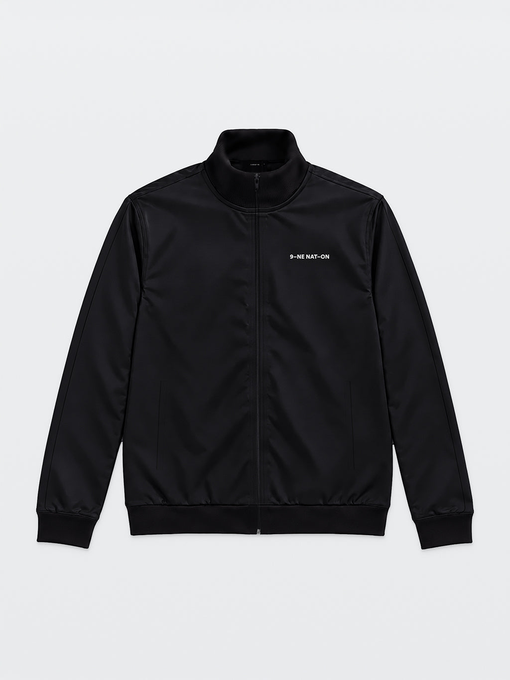 Front of the black 9INE Tracksuit jacket with a stand-up collar, a full zip and a small 9INE NATION print on the chest