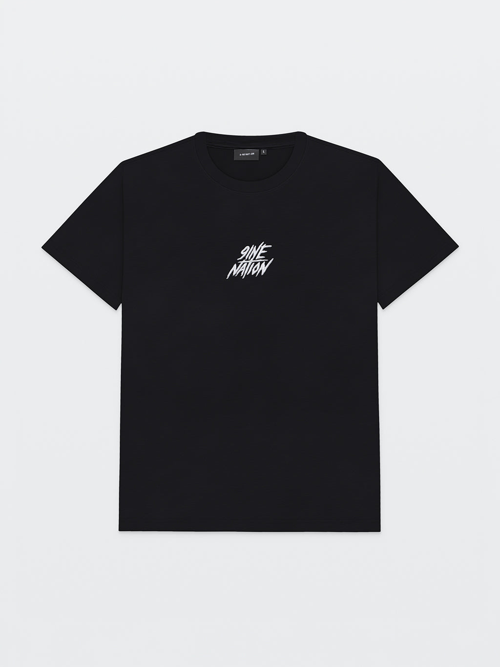Front of the black 9INE Core Collection T-shirt with white 9INE NATION lettering