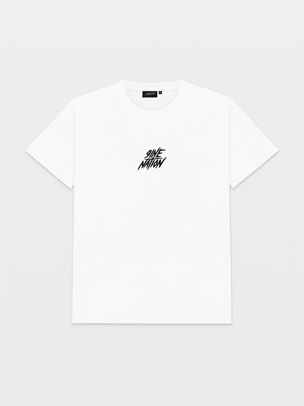 Front of the white 9INE Core Collection T-shirt with black 9INE NATION lettering