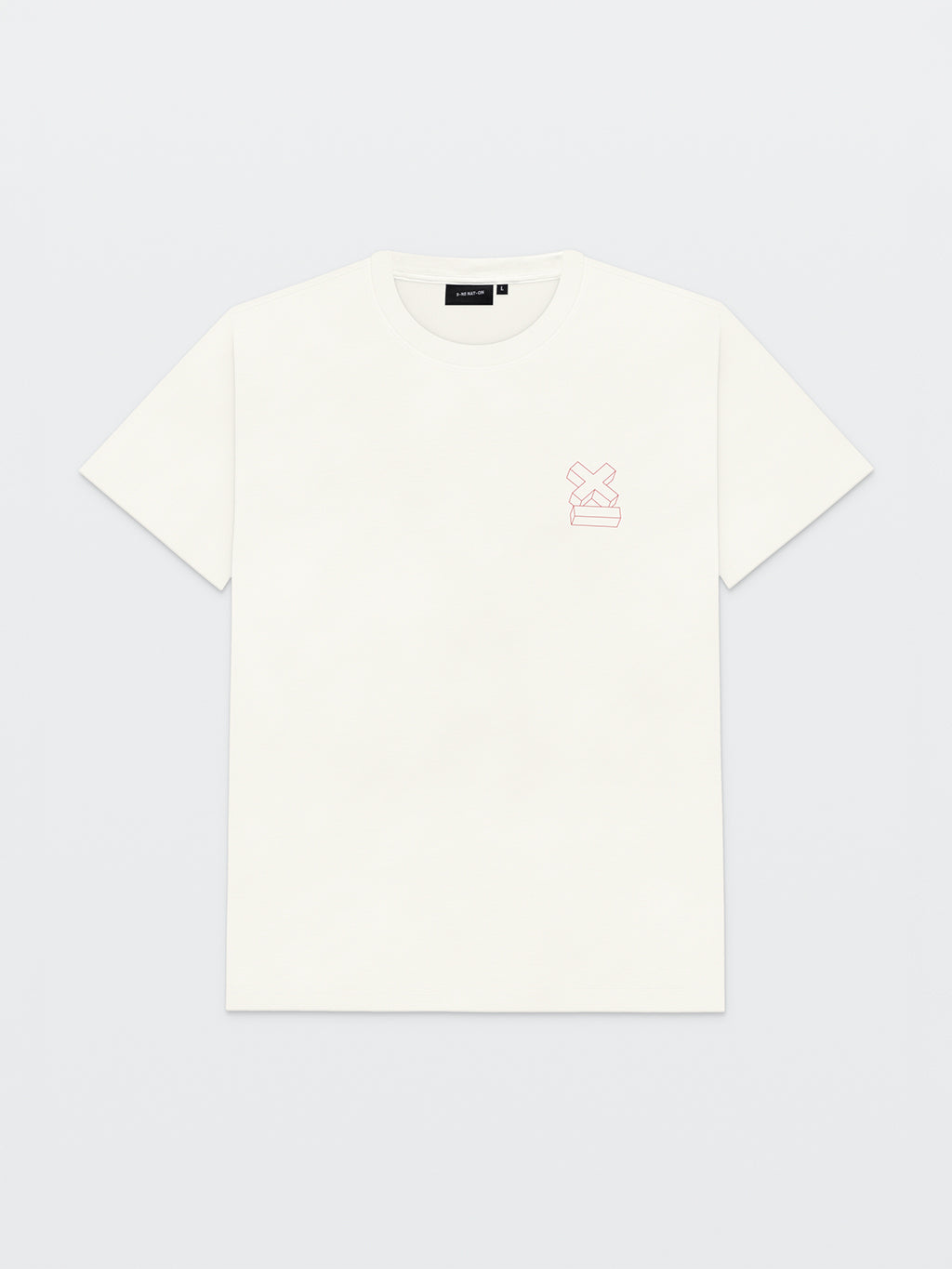 Front of the off-white 9INE Live Tour T-shirt with a small red X logo on the chest