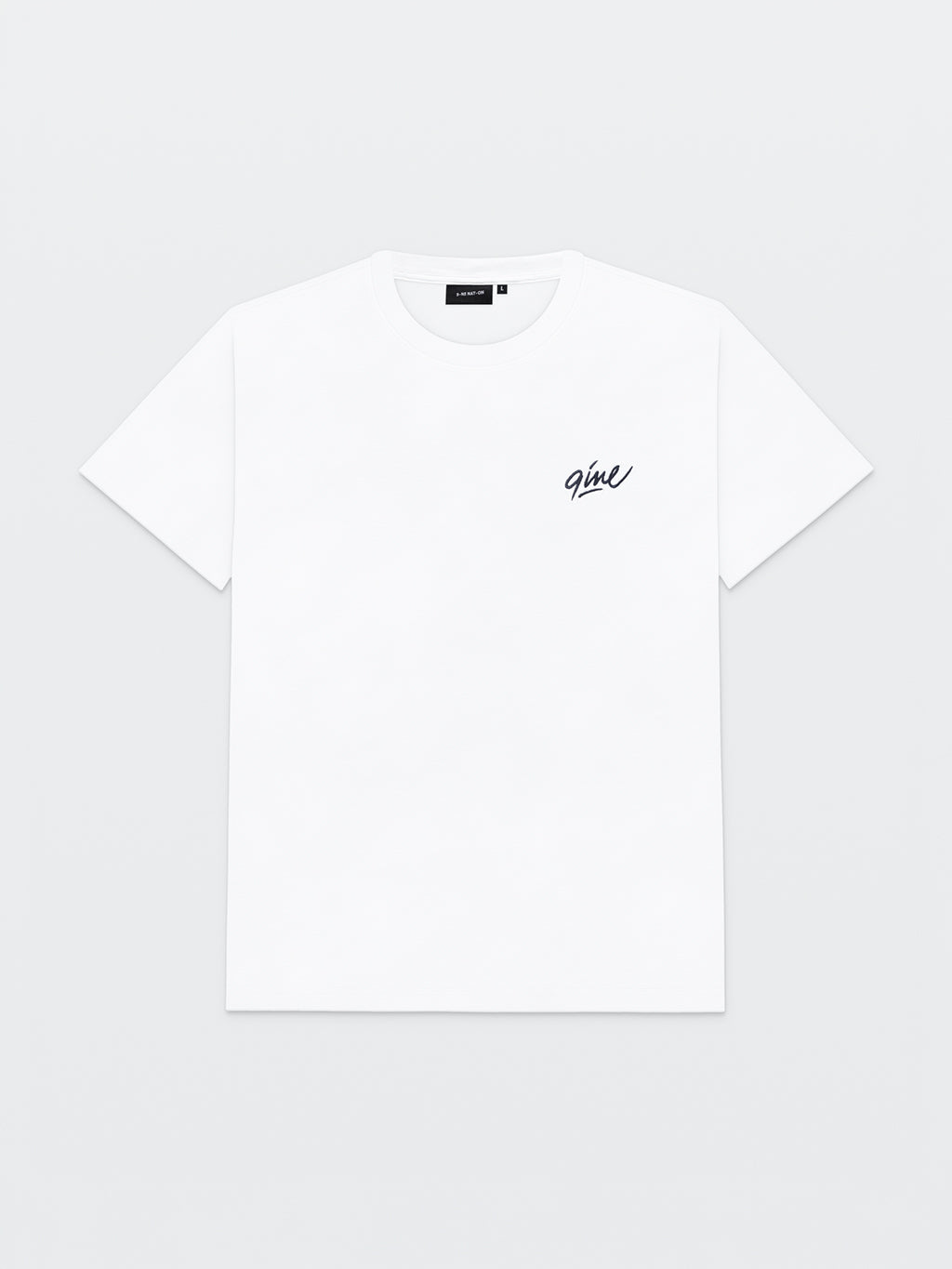 Front of the white 9INE Signature T-shirt with a small 9ine signature on the chest